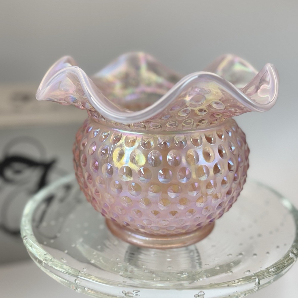 Fenton Pink Iridescent Hobnail Art Glass Vase Hand Blown 95th Anniv USA 9616
